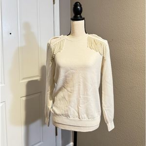 Alberta Ferretti beige sweater with fringes shoulder detail